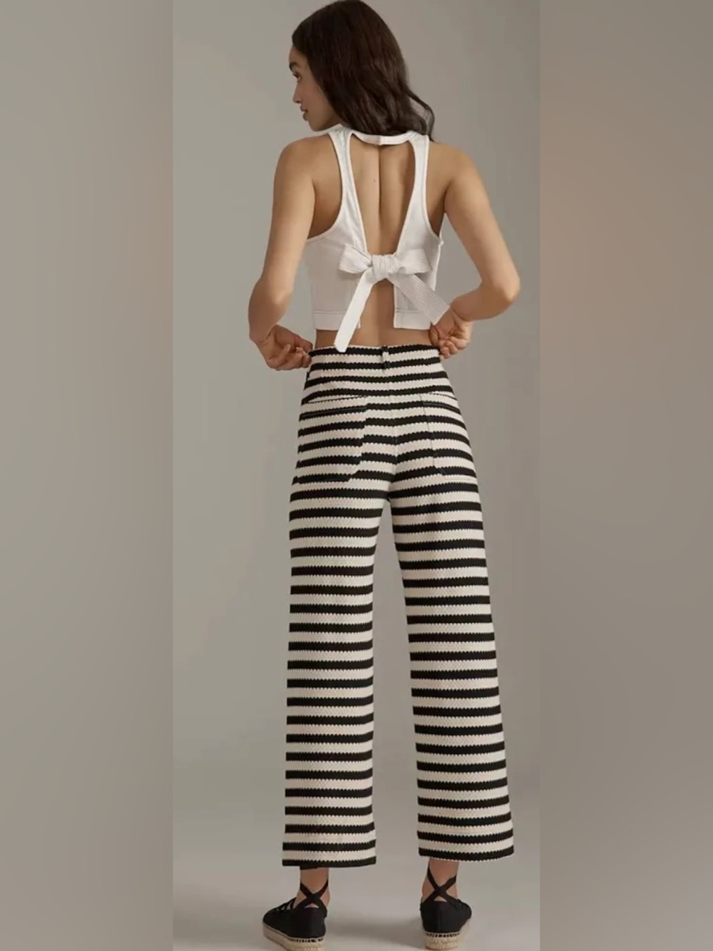 Anthropologie Maeve Colette Knit Crop Pants Black White Stripes in Size 32 - Picture 3 of 6